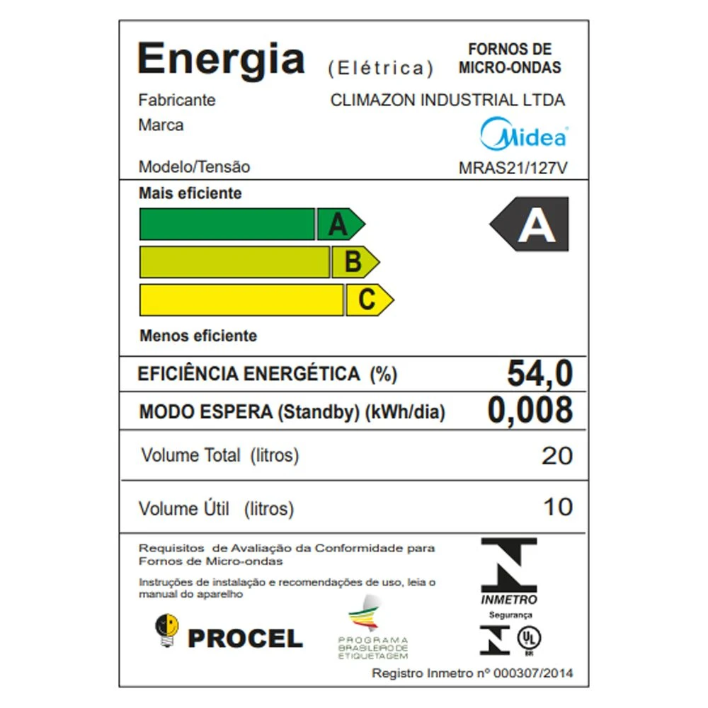 MICRO-ONDAS MIDEA 20L BRANCO E PRETO 127V (MRAS21) | Climatiza